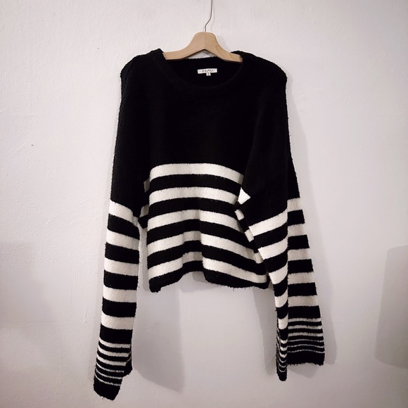 Z Supply Alivia Striped Sweater Bell Sleeve Black and White Fuzzy - Picture 2 of 6